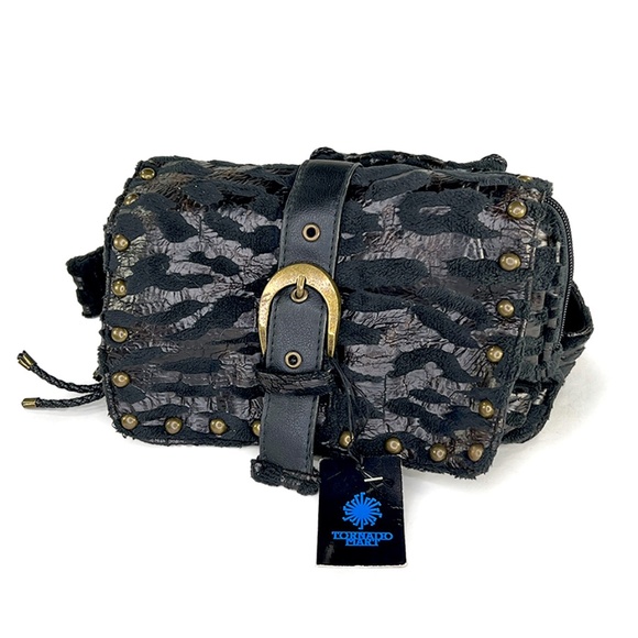 Tornado Mart Vintage Black Stamped Faux Fur/Leather Double Fanny Pack from Japan - Picture 1 of 7